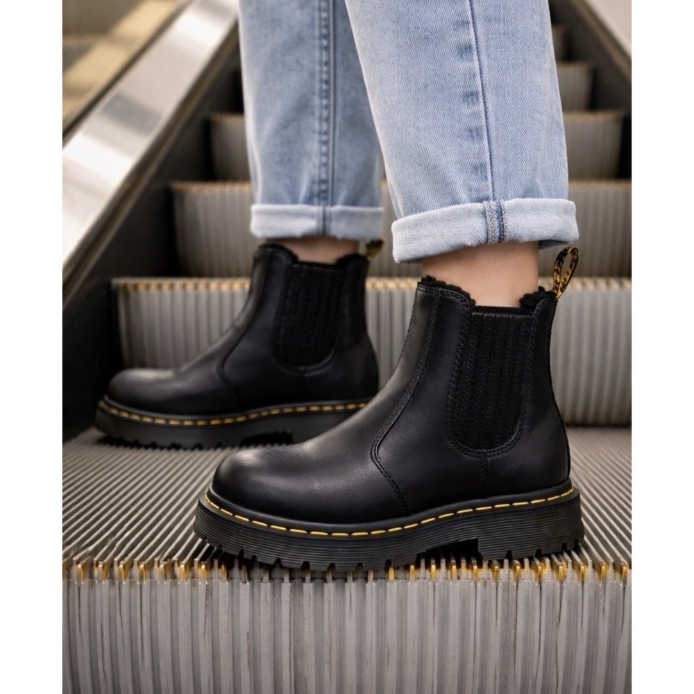 Dr. Martens Black Leather Chelsea Combat Boots with Yellow Stitching